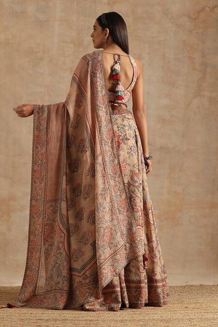 Shop_Samvrih_Beige Muslin (60% Viscose Digital Printed Floral V Neck Lehenga Set _at_Aza_Fashions