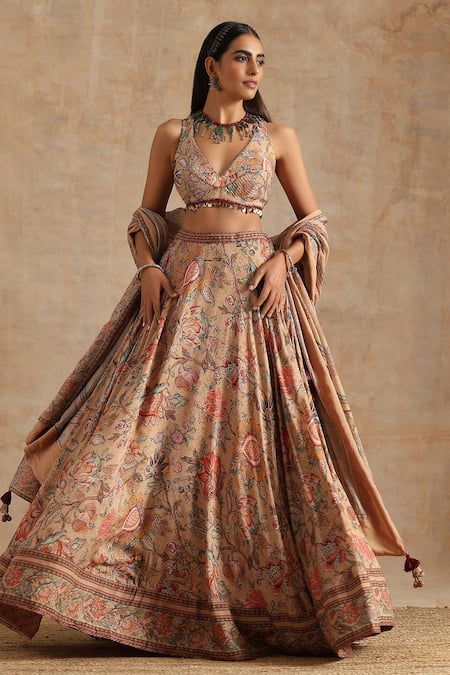 Samvrih_Beige Muslin (60% Viscose Digital Printed Floral V Neck Lehenga Set _Online_at_Aza_Fashions