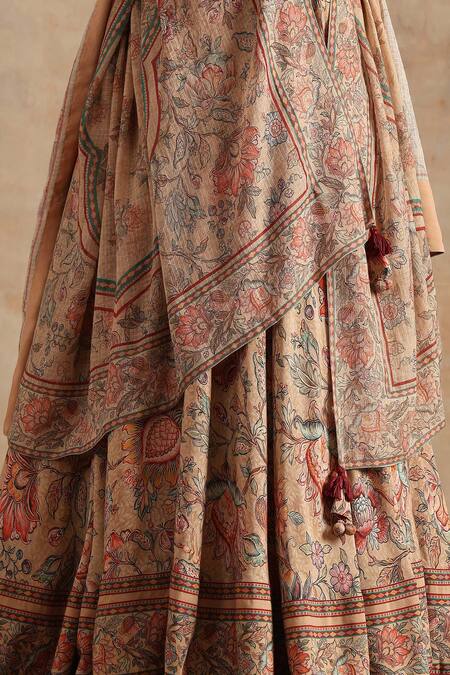 Shop_Samvrih_Beige Muslin (60% Viscose Digital Printed Floral V Neck Lehenga Set _Online_at_Aza_Fashions