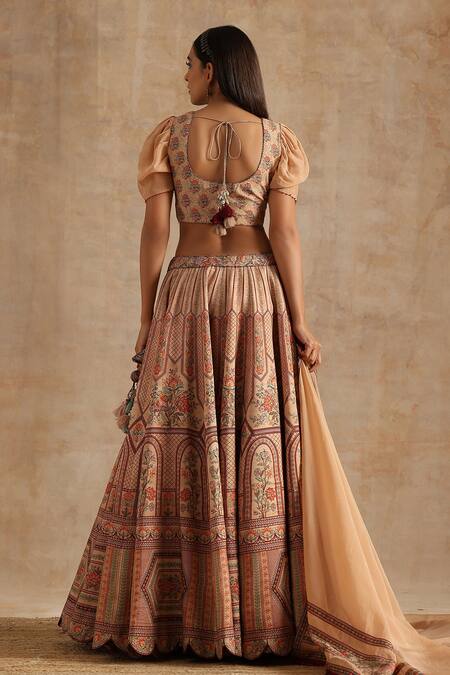 Shop_Samvrih_Beige Chanderi (35% Silk Digital Printed Floral Sweetheart Pattern Lehenga Set _at_Aza_Fashions