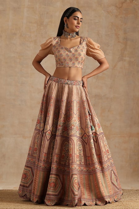 Samvrih_Beige Chanderi (35% Silk Digital Printed Floral Sweetheart Pattern Lehenga Set _Online_at_Aza_Fashions
