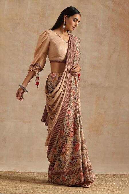 Samvrih_Beige Muslin, Silk, Viscose Tassels V-neck Floral Digital Printed Saree And Blouse _Online_at_Aza_Fashions