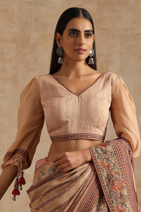 Shop_Samvrih_Beige Muslin, Silk, Viscose Tassels V-neck Floral Digital Printed Saree And Blouse _Online_at_Aza_Fashions
