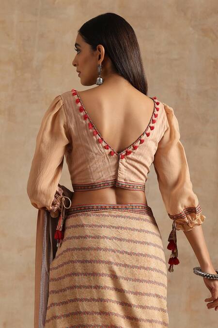 Samvrih_Beige Muslin, Silk, Viscose Tassels V-neck Floral Digital Printed Saree And Blouse _at_Aza_Fashions