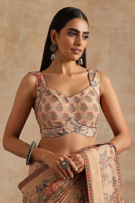 Samvrih_Beige Silk, Muslin, Kota Doria Tassels Sweetheart Neck Printed Saree With Blouse _Online_at_Aza_Fashions