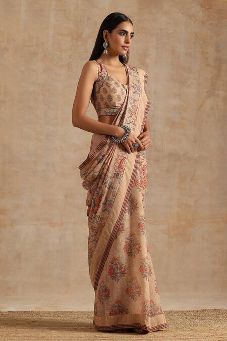Samvrih_Beige Silk, Muslin, Kota Doria Tassels Sweetheart Neck Printed Saree With Blouse _at_Aza_Fashions