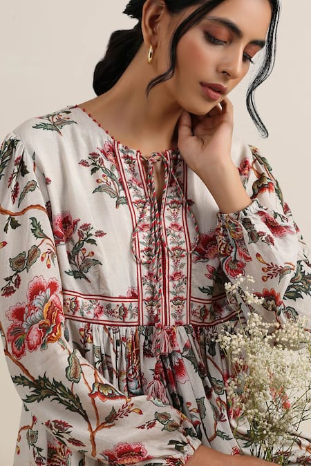 Buy_Samvrih_Multi Color Silk, Viscose, Voile Beads Keyhole Neck Shwet Suman Jaal Print Dress _Online_at_Aza_Fashions