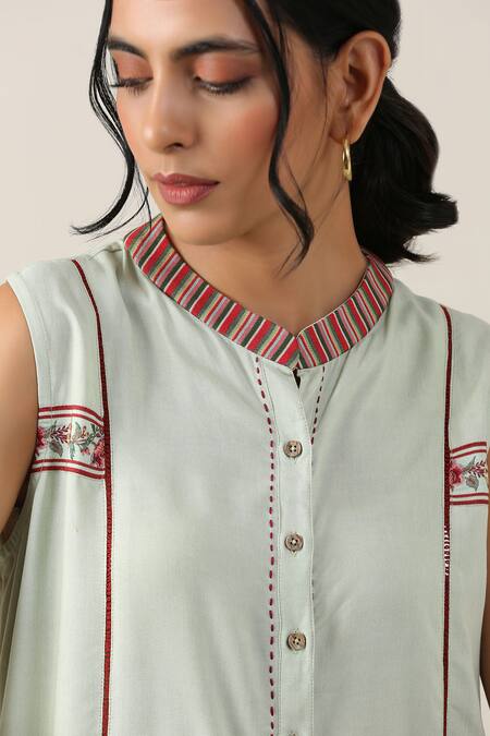 Samvrih_Green Silk, Cotton Embroidery Harita Suman Border Printed Sleeveless Dress _Online_at_Aza_Fashions