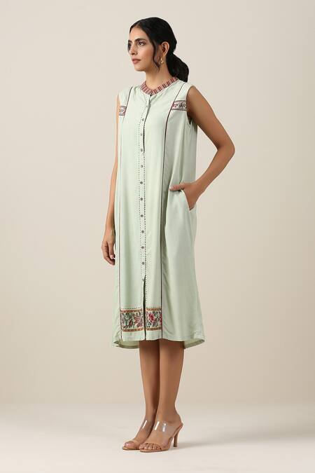 Buy_Samvrih_Green Silk, Cotton Embroidery Harita Suman Border Printed Sleeveless Dress _Online_at_Aza_Fashions