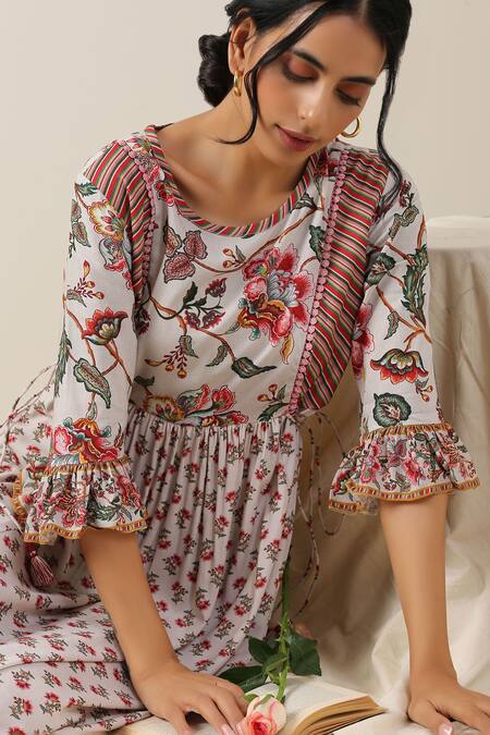 Samvrih_White Cotton, Voile, Viscose Round Shwet Suman Floral Booti Jaal Print Dress _Online_at_Aza_Fashions