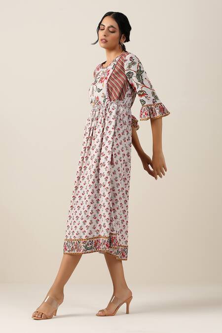 Buy_Samvrih_White Cotton, Voile, Viscose Round Shwet Suman Floral Booti Jaal Print Dress _Online_at_Aza_Fashions