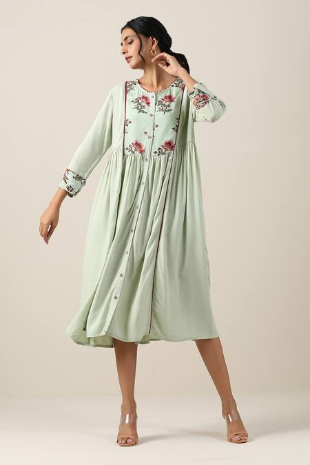 Samvrih_Green Silk, Cotton Embroidery, Beads Round Harita Suman Floral Yoke Print Dress _Online_at_Aza_Fashions