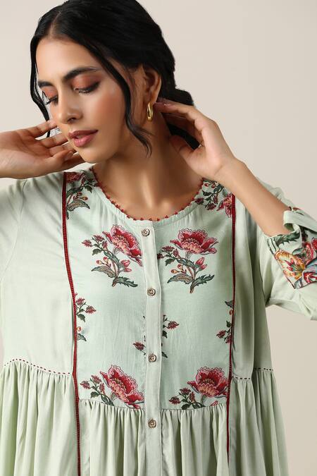 Buy_Samvrih_Green Silk, Cotton Embroidery, Beads Round Harita Suman Floral Yoke Print Dress _Online_at_Aza_Fashions