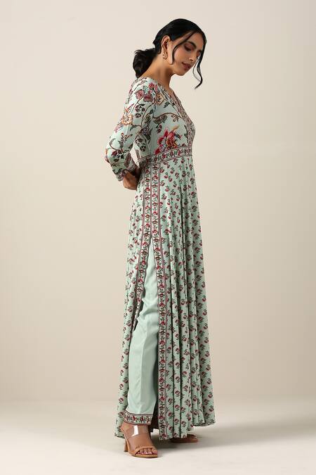 Samvrih_Green Silk, Cotton V-neck Harita Suman Jaal Printed Dress And Pant Set _Online_at_Aza_Fashions