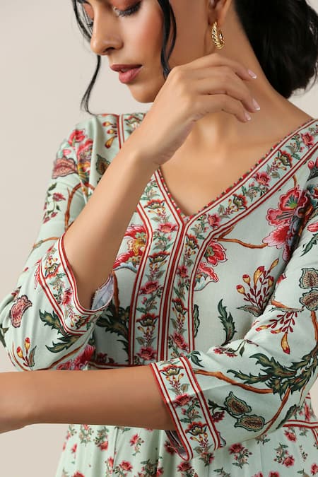 Buy_Samvrih_Green Silk, Cotton V-neck Harita Suman Jaal Printed Dress And Pant Set _Online_at_Aza_Fashions