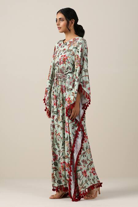 Samvrih_Green Cotton, Silk Tassels, Embroidery Harita Suman Floral Jaal Print Kaftan _Online_at_Aza_Fashions