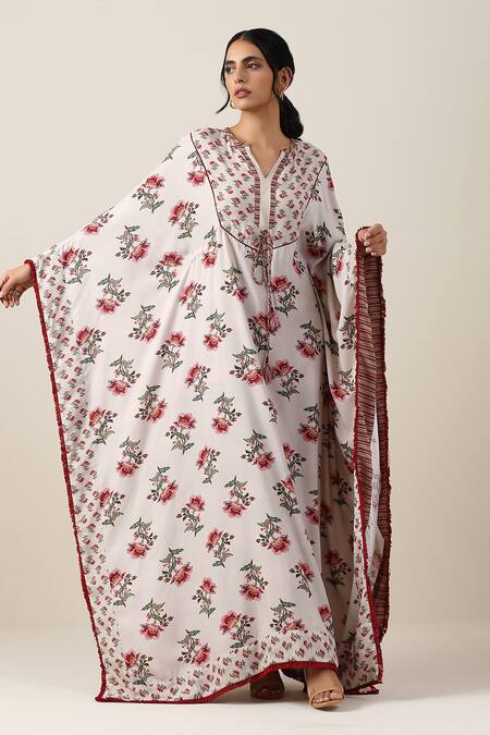 Samvrih_White Silk, Cotton Split V-neck Shwet Suman Floral Boota Print Kaftan _Online_at_Aza_Fashions