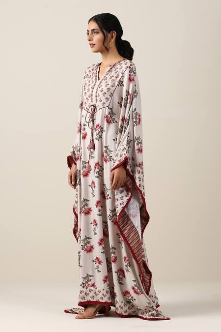 Buy_Samvrih_White Silk, Cotton Split V-neck Shwet Suman Floral Boota Print Kaftan _Online_at_Aza_Fashions