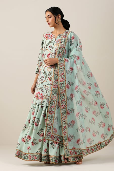 SAMVRIH Green 70% Cotton Digital Printed Floral Jaal Harita Suman Kurta Skirt Set 