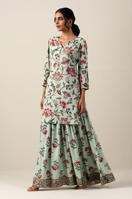 Samvrih_Green Silk, Cotton Beads, Harita Suman Floral Jaal Print Kurta Skirt Set _Online_at_Aza_Fashions