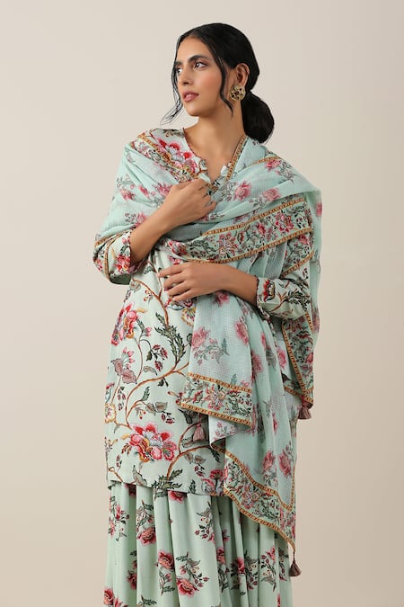 Buy_Samvrih_Green Silk, Cotton Beads, Harita Suman Floral Jaal Print Kurta Skirt Set _Online_at_Aza_Fashions