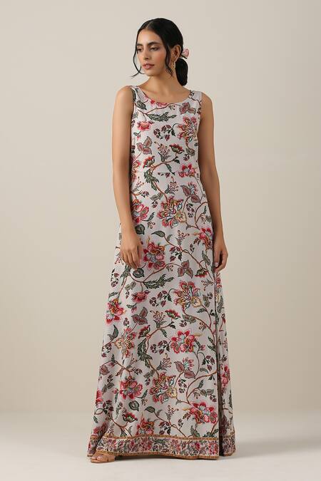 Samvrih_White Silk, Cotton, Chiffon Beads, Shwet Suman Floral Boota Print Kurta Set _Online_at_Aza_Fashions