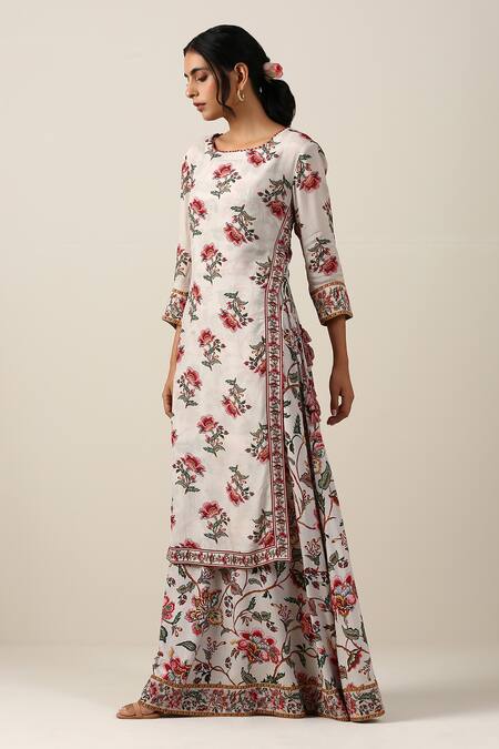 Buy_Samvrih_White Silk, Cotton, Chiffon Beads, Shwet Suman Floral Boota Print Kurta Set _Online_at_Aza_Fashions
