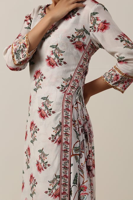 Shop_Samvrih_White Silk, Cotton, Chiffon Beads, Shwet Suman Floral Boota Print Kurta Set _Online_at_Aza_Fashions