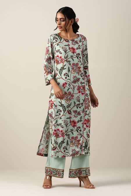 Samvrih_Green Silk, Cotton, Chiffon Embroidery, Harita Suman Floral Jaal Print Kurta Set _Online_at_Aza_Fashions