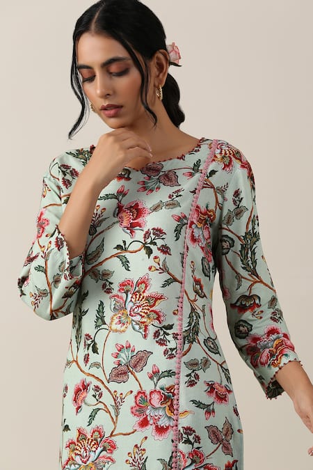 Buy_Samvrih_Green Silk, Cotton, Chiffon Embroidery, Harita Suman Floral Jaal Print Kurta Set _Online_at_Aza_Fashions