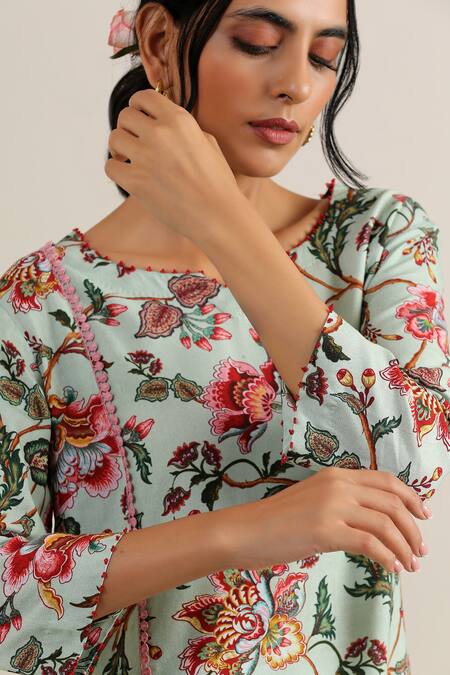 Shop_Samvrih_Green Silk, Cotton, Chiffon Embroidery, Harita Suman Floral Jaal Print Kurta Set _Online_at_Aza_Fashions