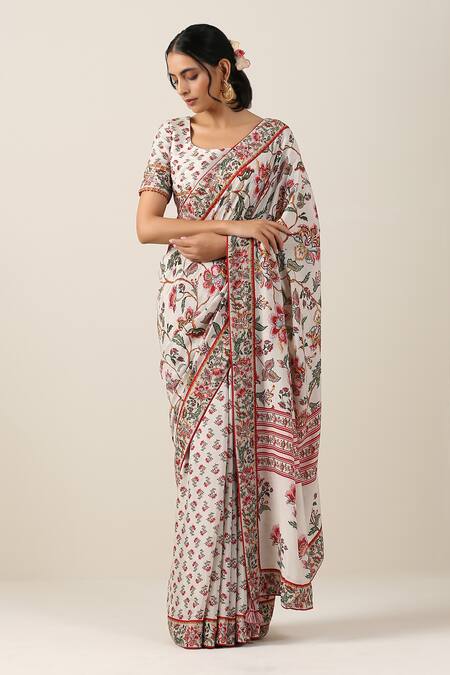 Samvrih_White Cotton, Silk Embroidery, Shwet Suman And Printed Saree With Blouse _Online_at_Aza_Fashions