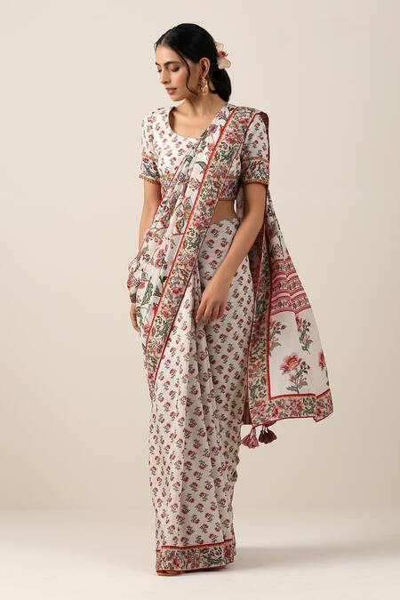 Buy_Samvrih_White Cotton, Silk Embroidery, Shwet Suman And Printed Saree With Blouse _Online_at_Aza_Fashions