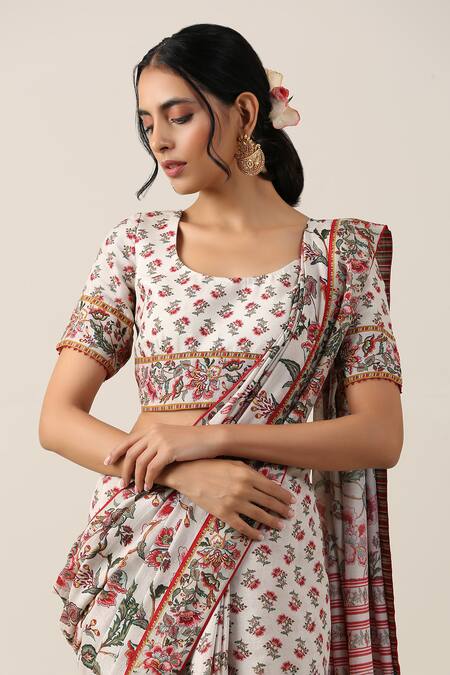 Shop_Samvrih_White Cotton, Silk Embroidery, Shwet Suman And Printed Saree With Blouse _Online_at_Aza_Fashions