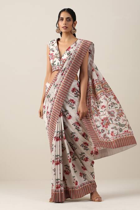 Shop_Samvrih_White Silk, Cotton, Voile Tassels V-neck Shwet Suman Printed Saree With Blouse _Online_at_Aza_Fashions