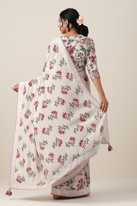 Samvrih Shwet Suman Floral Boota Jaal Print Saree With Blouse 