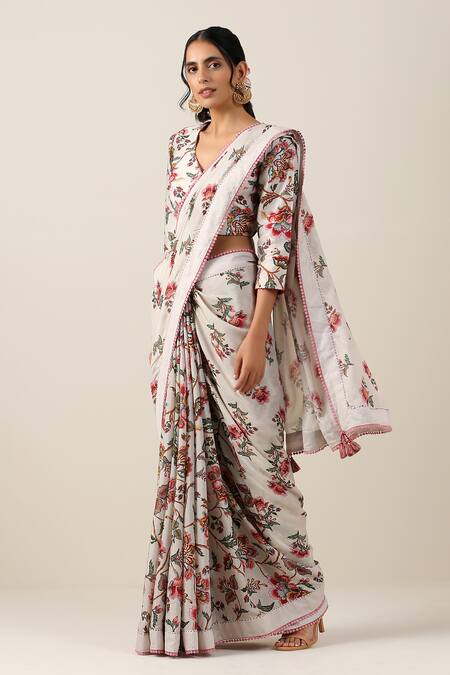 Samvrih_White Silk, Viscose Beads Shwet Suman Floral Boota Jaal Print Saree With Blouse _Online_at_Aza_Fashions