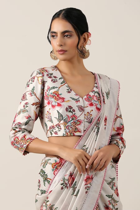 Buy_Samvrih_White Silk, Viscose Beads Shwet Suman Floral Boota Jaal Print Saree With Blouse _Online_at_Aza_Fashions