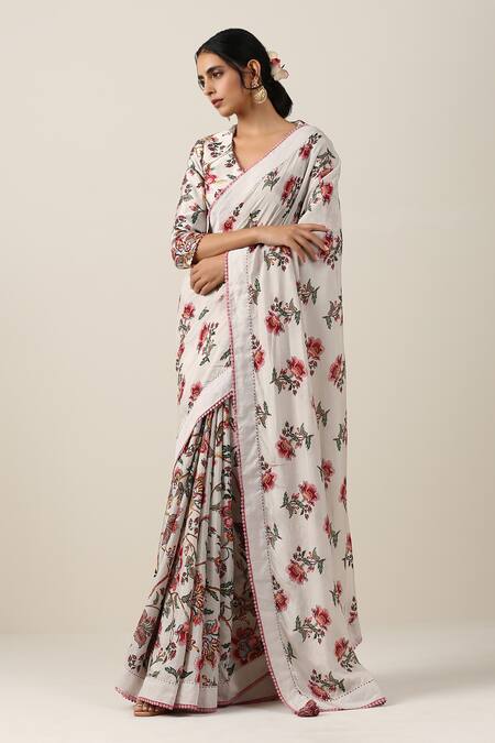 Shop_Samvrih_White Silk, Viscose Beads Shwet Suman Floral Boota Jaal Print Saree With Blouse _Online_at_Aza_Fashions