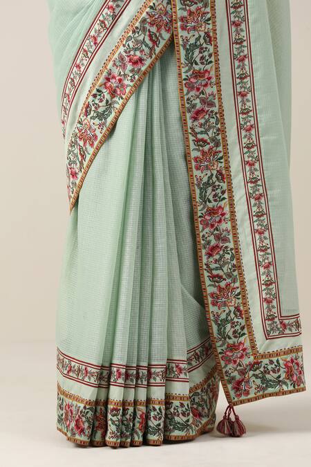 Samvrih_Green Cotton, Voile Beads Harita Suman Border Printed Saree With Blouse _Online_at_Aza_Fashions