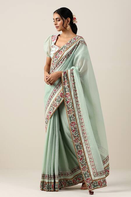Buy_Samvrih_Green Cotton, Voile Beads Harita Suman Border Printed Saree With Blouse _Online_at_Aza_Fashions