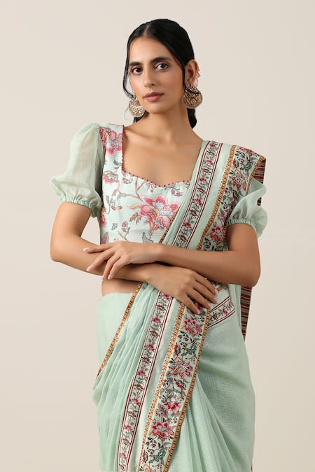 Shop_Samvrih_Green Cotton, Voile Beads Harita Suman Border Printed Saree With Blouse _Online_at_Aza_Fashions