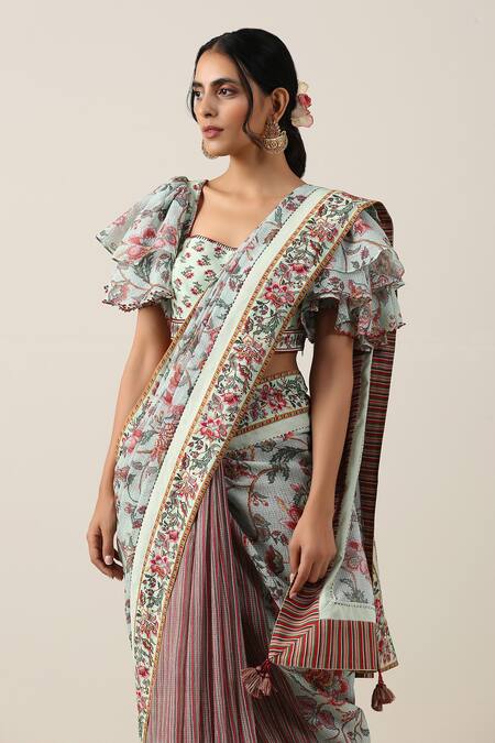 Samvrih_Multi Color Cotton, Voile Harita Suman Jaal Printed Saree With Blouse _Online_at_Aza_Fashions