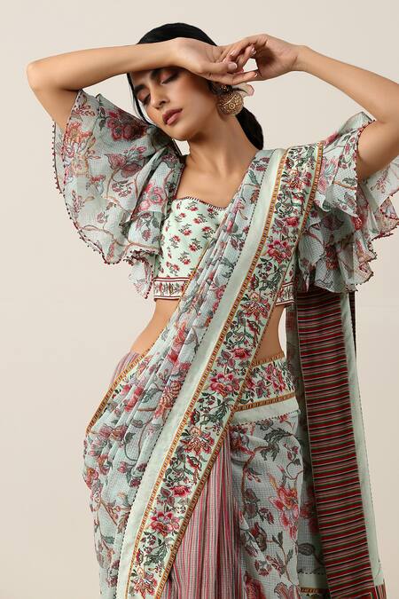 Buy_Samvrih_Multi Color Cotton, Voile Harita Suman Jaal Printed Saree With Blouse _Online_at_Aza_Fashions