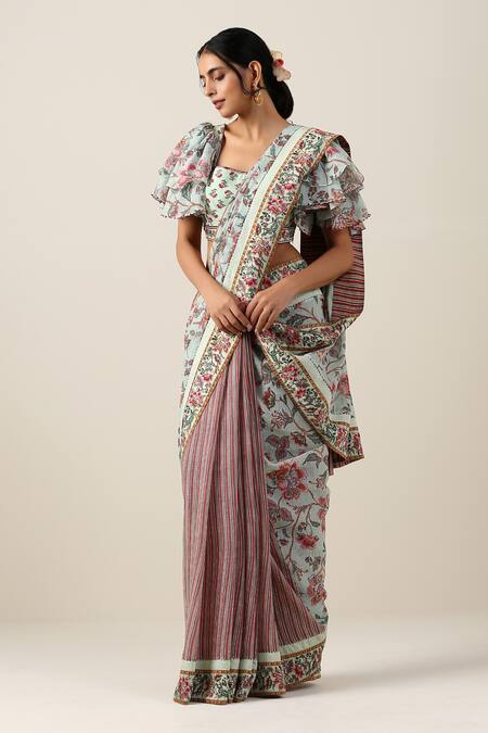 Shop_Samvrih_Multi Color Cotton, Voile Harita Suman Jaal Printed Saree With Blouse _Online_at_Aza_Fashions