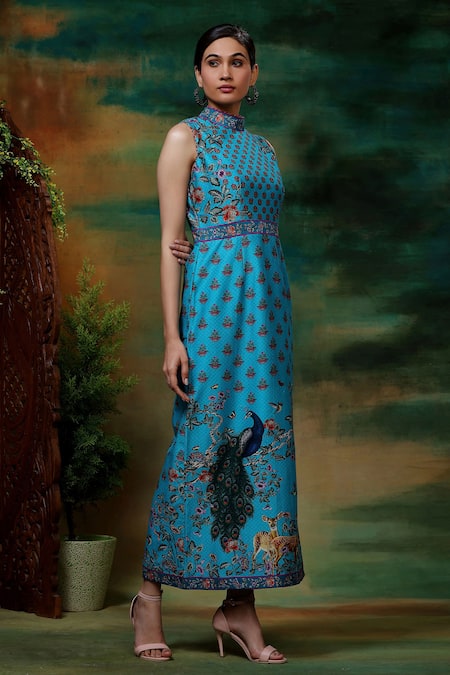 Samvrih_Blue Chanderi Silk, Voile Embroidery Neel Mayuri Print Long A-line Dress _Online_at_Aza_Fashions