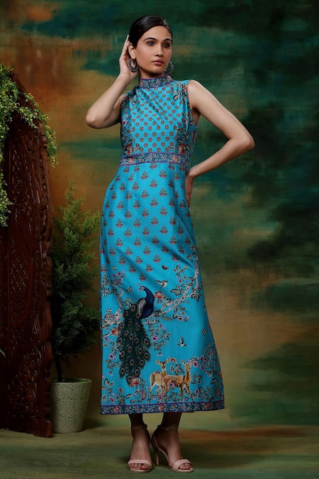 Buy_Samvrih_Blue Chanderi Silk, Voile Embroidery Neel Mayuri Print Long A-line Dress _Online_at_Aza_Fashions