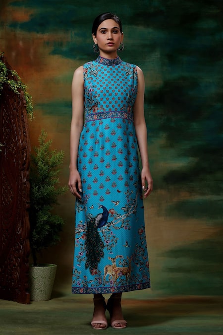 Shop_Samvrih_Blue Chanderi Silk, Voile Embroidery Neel Mayuri Print Long A-line Dress _Online_at_Aza_Fashions