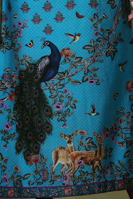 Samvrih_Blue Chanderi Silk, Voile Embroidery Neel Mayuri Print Long A-line Dress _at_Aza_Fashions