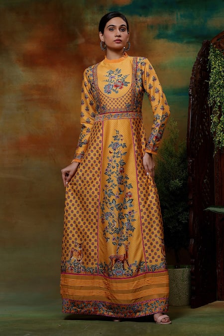 SAMVRIH Yellow Chanderi Silk Digital Print Swarn Hiran Ghera A-line Dress 